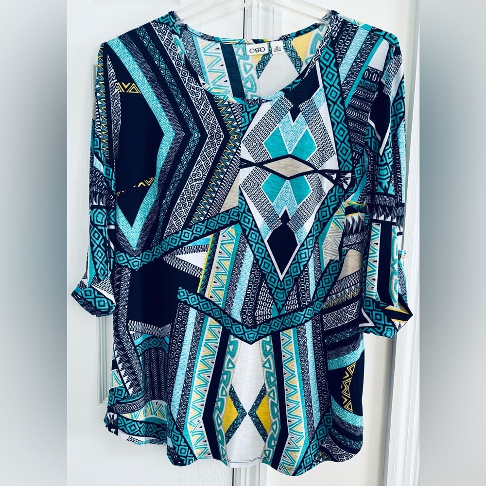 Cato Vibrant Geometric Tunic - Teal, Blue, Yellow